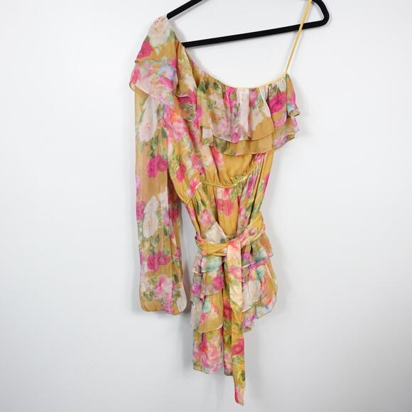 Rococo Sand Avar Belted One Shoulder Peasant Sleeve Yellow Floral Dress Large - Picture 3 of 9